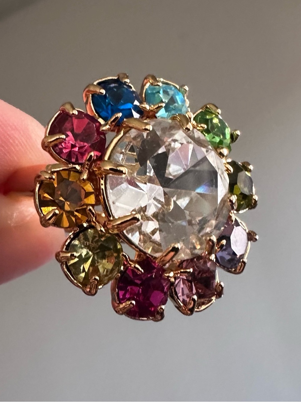 RARE Kurt Geiger Gold-Tone Multicolor Crystal Flower Bomb Cocktail Ring Size 8.5
